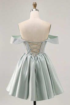 Sparkly Light Green Short Satin Corset Prom Dress with Beading