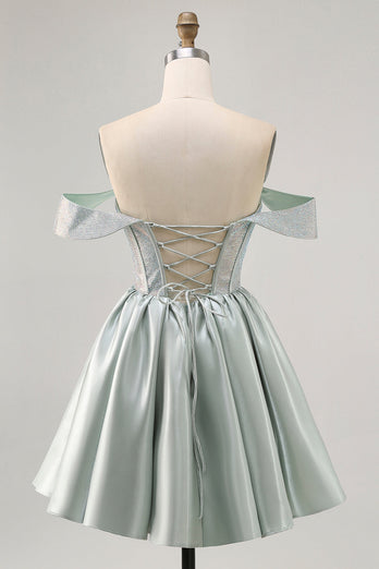 Sparkly Light Green Short Satin Corset Prom Dress with Beading