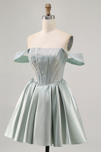 Sparkly Light Green Short Satin Corset Prom Dress with Beading