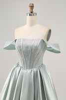 Load image into Gallery viewer, Sparkly Light Green Short Satin Corset Prom Dress with Beading