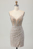 Load image into Gallery viewer, Women Sparkly Sliver Short Corset Prom Dress with Slit Sequins Bodycon V-Neck Strapless Cocktail Dress
