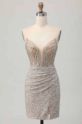 Women Sparkly Sliver Short Corset Prom Dress with Slit Sequins Bodycon V-Neck Strapless Cocktail Dress
