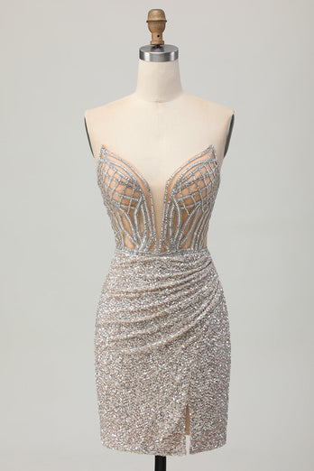 Women Sparkly Sliver Short Corset Prom Dress with Slit Sequins Bodycon V-Neck Strapless Cocktail Dress