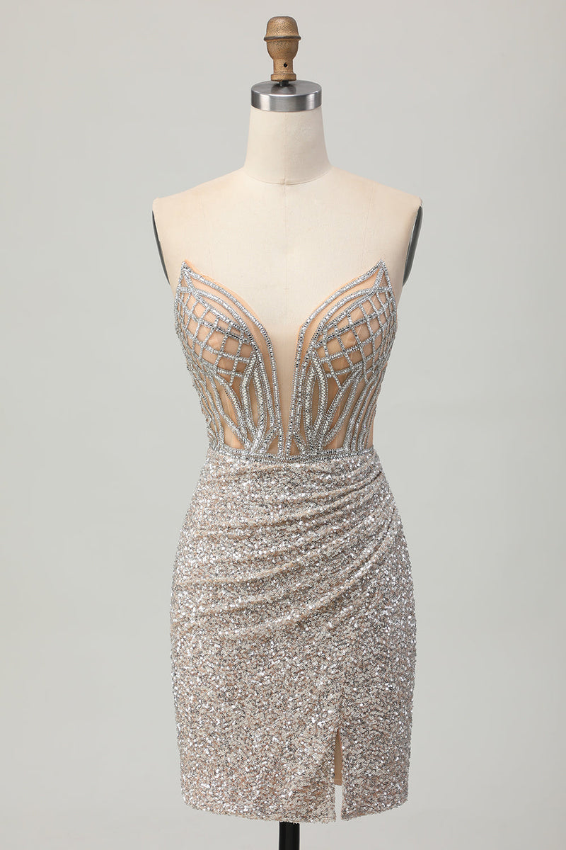 Load image into Gallery viewer, Women Sparkly Sliver Short Corset Prom Dress with Slit Sequins Bodycon V-Neck Strapless Cocktail Dress