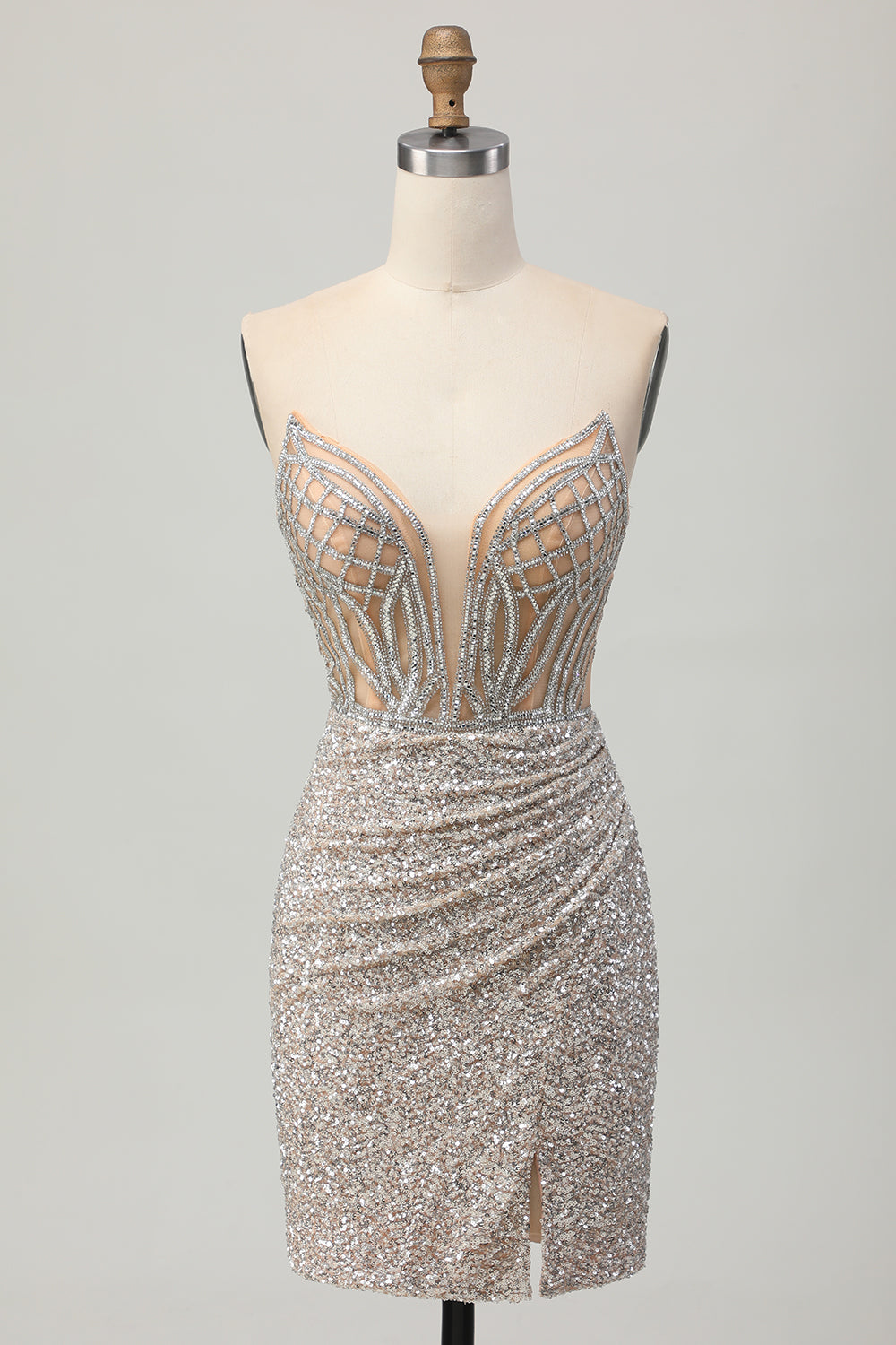 Women Sparkly Sliver Short Corset Prom Dress with Slit Sequins Bodycon V-Neck Strapless Cocktail Dress
