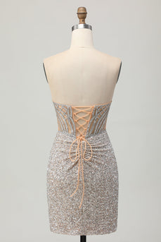 Sparkly Sliver Sequins Bodycon Strapless Short Corset Prom Dress