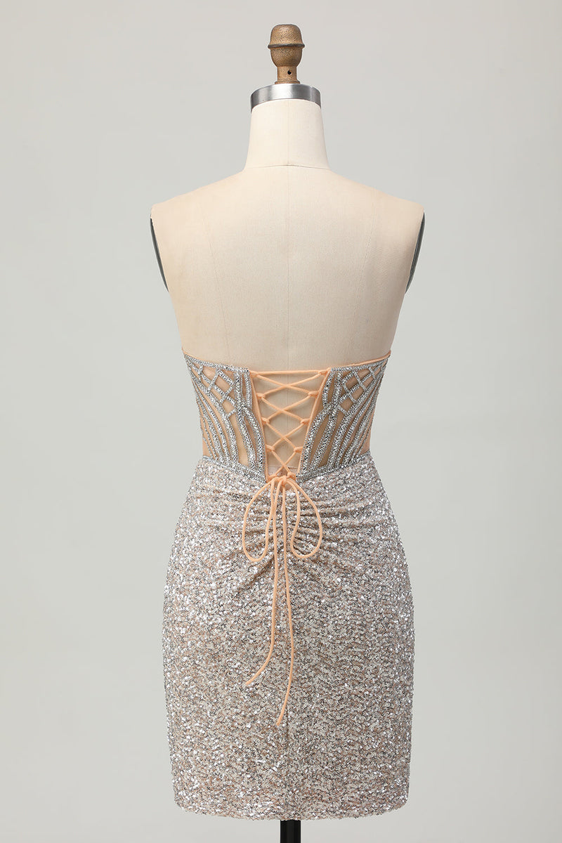 Load image into Gallery viewer, Sparkly Sliver Bodycon Strapless Corset Short Sequins Prom Dress