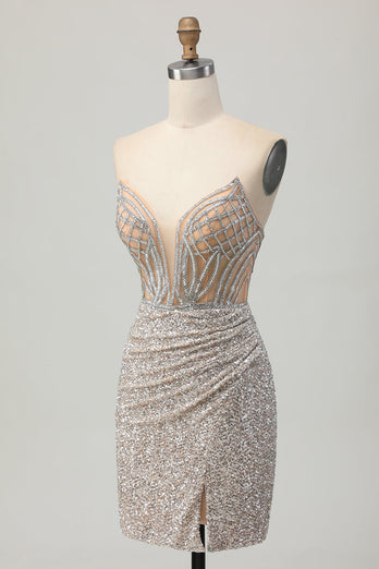 Sparkly Sliver Sequins Bodycon Strapless Short Corset Prom Dress