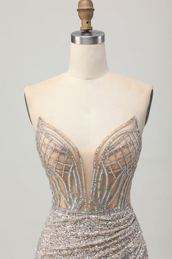 Sparkly Sliver Sequins Bodycon Strapless Short Corset Prom Dress