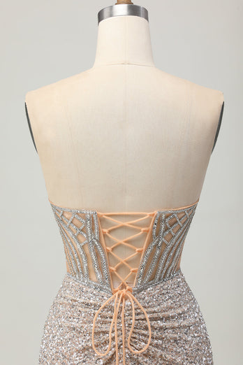 Sparkly Sliver Sequins Bodycon Strapless Short Corset Prom Dress