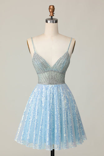 Sparkly Light Blue Sequin Spaghetti Straps Short Prom Dress with Beading