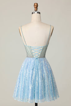 Sparkly Light Blue Sequin Spaghetti Straps Short Prom Dress with Beading