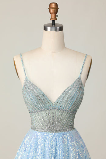 Sparkly Light Blue Sequin Spaghetti Straps Short Prom Dress with Beading