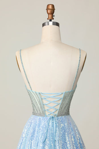 Sparkly Light Blue Sequin Spaghetti Straps Short Prom Dress with Beading