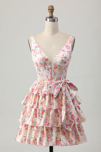 Floral Pink A Line Tiered Short Corset Prom Dress with Bow
