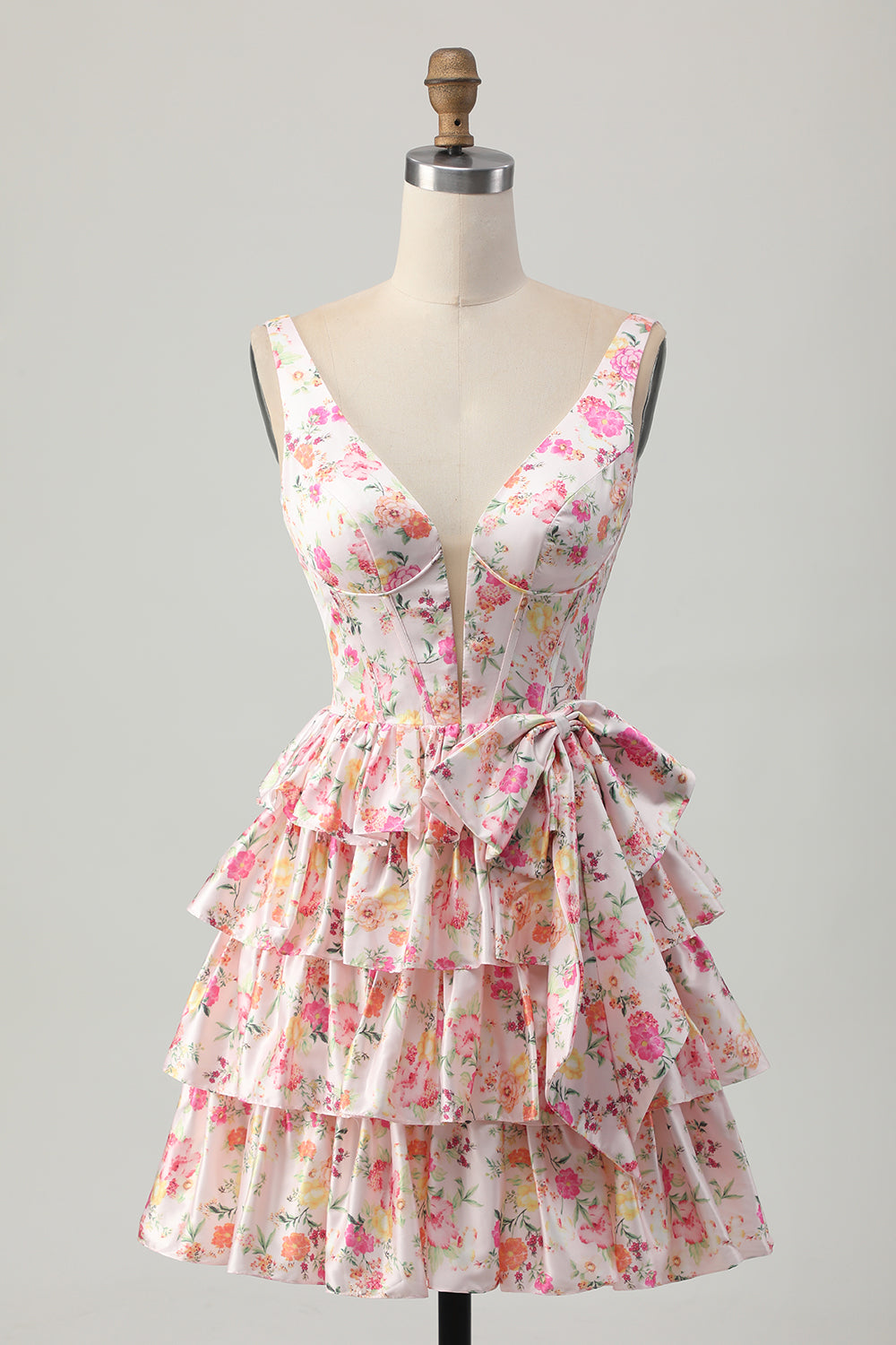 Floral Pink A Line Tiered Short Corset Prom Dress with Bow