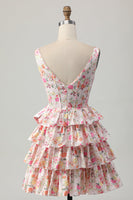Load image into Gallery viewer, Floral Pink A Line Tiered Short Corset Prom Dress with Bow