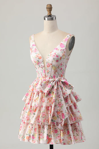 Floral Pink A Line Tiered Short Corset Prom Dress with Bow