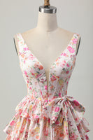 Load image into Gallery viewer, Floral Pink A Line Tiered Short Corset Prom Dress with Bow