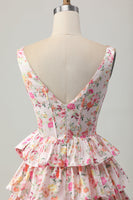 Load image into Gallery viewer, Floral Pink A Line Tiered Short Corset Prom Dress with Bow