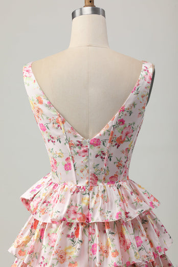Floral Pink A Line Tiered Short Corset Prom Dress with Bow