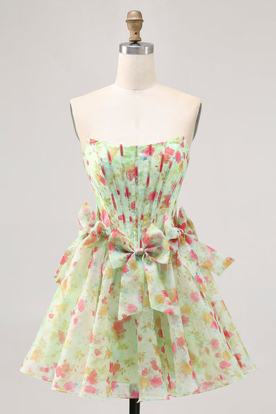Green Floral Strapless Short Corset Prom Dress with Bows