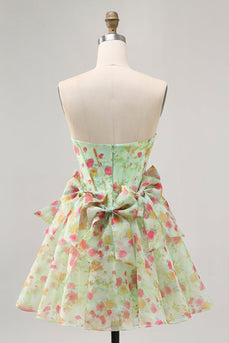 Green Floral Strapless Short Corset Prom Dress with Bows