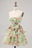 Load image into Gallery viewer, Green Floral Strapless Short Corset Prom Dress with Bows