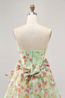 Load image into Gallery viewer, Green Floral Strapless Short Corset Prom Dress with Bows
