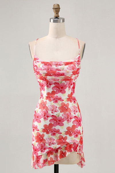 Red Floral Ruched Short Tight Prom Dress with Ruffles