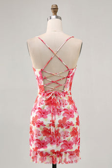 Red Floral Ruched Short Tight Prom Dress with Ruffles