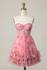 Load image into Gallery viewer, Red Floral Corset Sweetheart Short Prom Dress with Ruffles