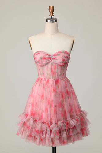 Red Floral Corset Sweetheart Short Prom Dress with Ruffles