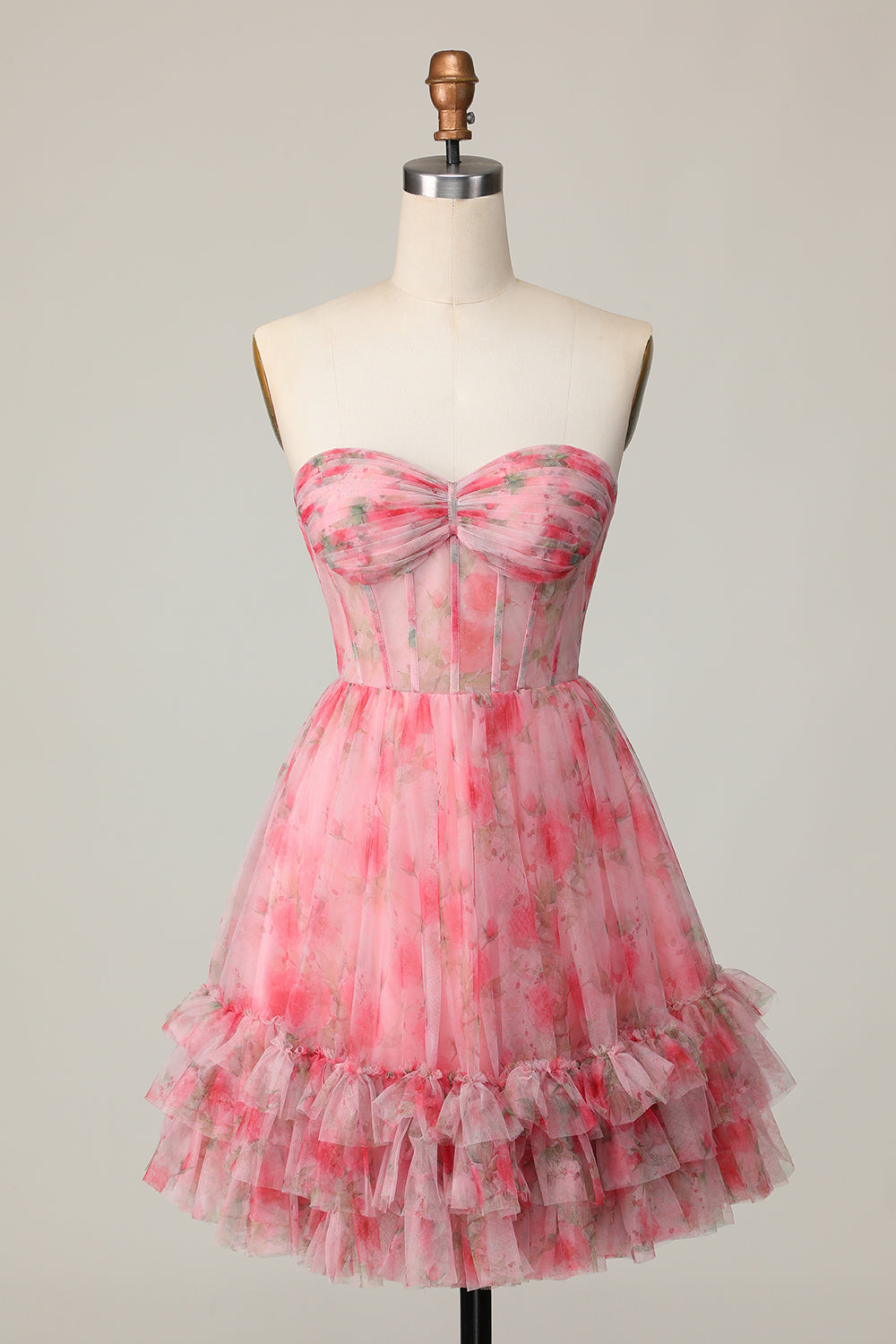 Red Floral Corset Sweetheart Short Prom Dress with Ruffles