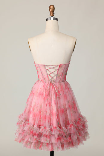 Red Floral Corset Sweetheart Short Prom Dress with Ruffles