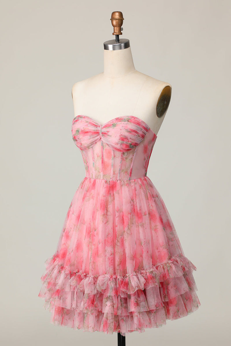 Load image into Gallery viewer, Red Floral Corset Sweetheart Short Prom Dress with Ruffles