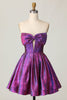 Load image into Gallery viewer, Dark Purple Corset Strapless Metallic Short Prom Dress with Bow