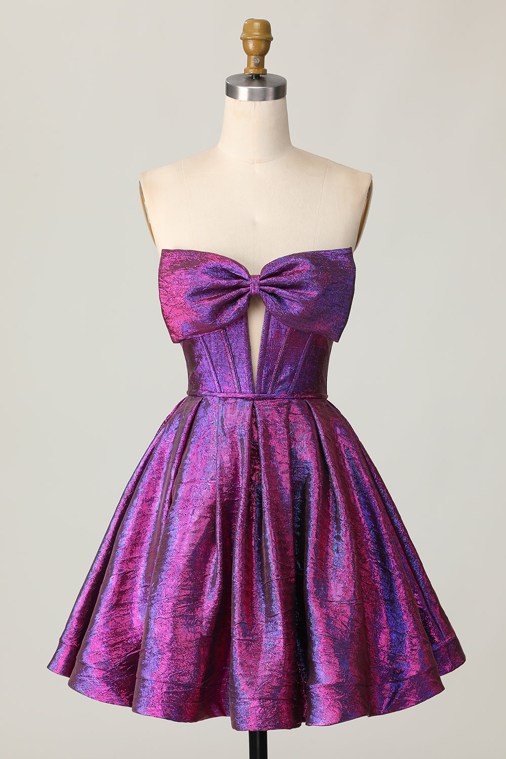 Dark Purple Corset Strapless Metallic Short Prom Dress with Bow