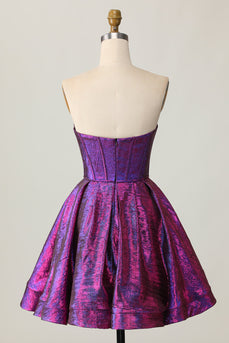 Dark Purple Corset Strapless Metallic Short Prom Dress with Bow