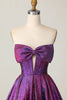 Load image into Gallery viewer, Dark Purple Corset Strapless Metallic Short Prom Dress with Bow