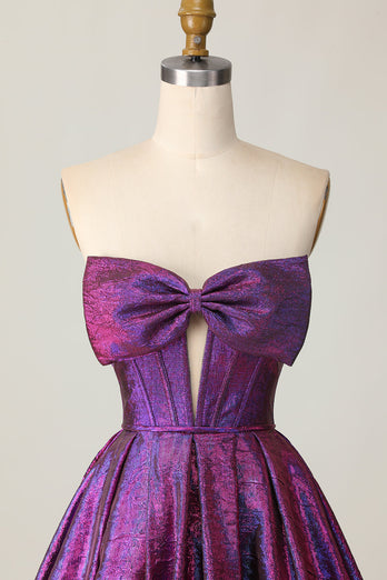 Dark Purple Corset Strapless Metallic Short Prom Dress with Bow