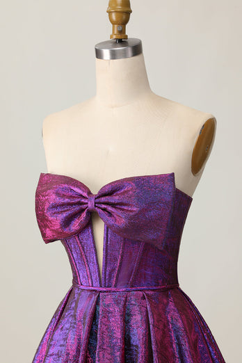 Dark Purple Corset Strapless Metallic Short Prom Dress with Bow