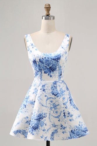 White and Blue Floral Scoop Neck Satin Short Prom Dress