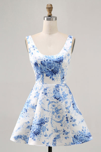 White and Blue Floral Scoop Neck Satin Short Prom Dress