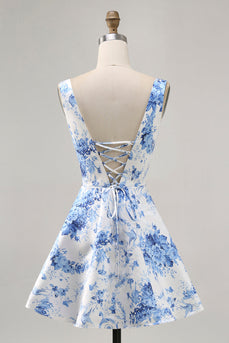 White and Blue Floral Scoop Neck Satin Short Prom Dress