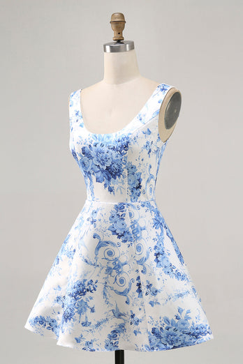 White and Blue Floral Scoop Neck Satin Short Prom Dress