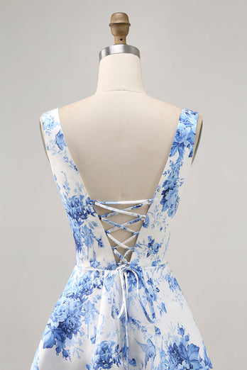 White and Blue Floral Scoop Neck Satin Short Prom Dress