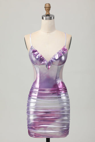 Silver Purple Metallic Bodycon Spaghetti Straps Short Prom Dress