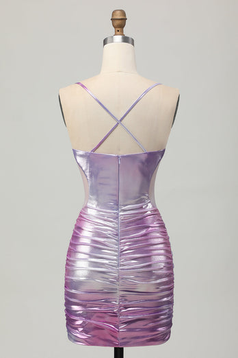 Silver Purple Metallic Bodycon Spaghetti Straps Short Prom Dress