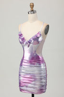 Load image into Gallery viewer, Silver Purple Metallic Bodycon Spaghetti Straps Short Prom Dress
